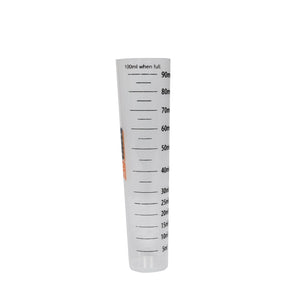 Clear measuring cylinder with measurement markings on a white background