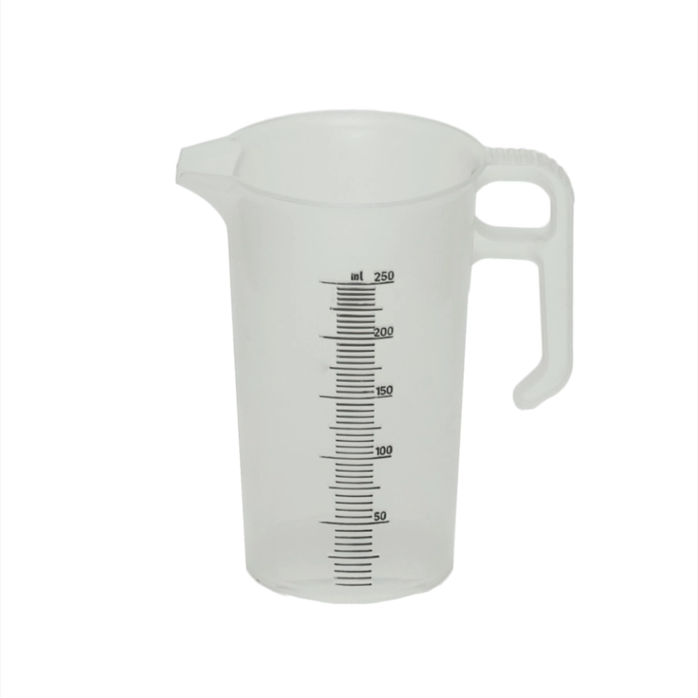 Clear plastic measuring cup with measurement markings on a white background