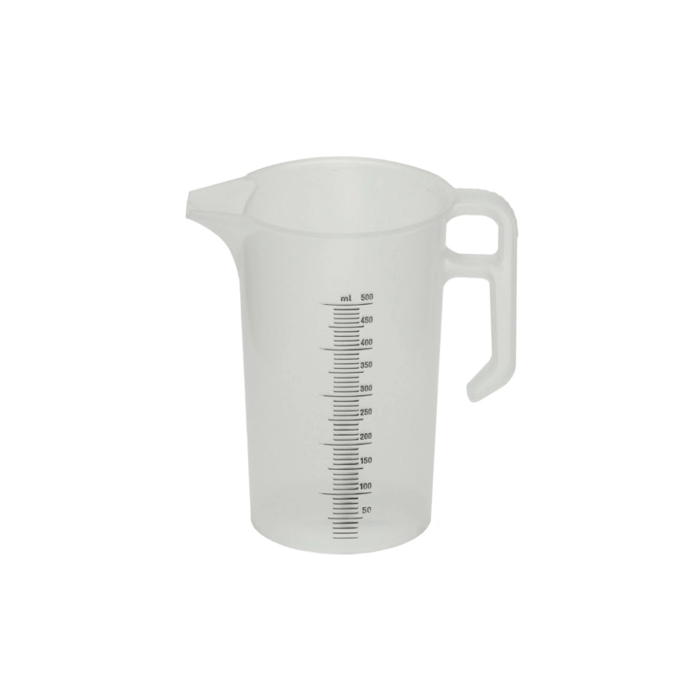 Clear plastic measuring jug with measurement markings on a white background