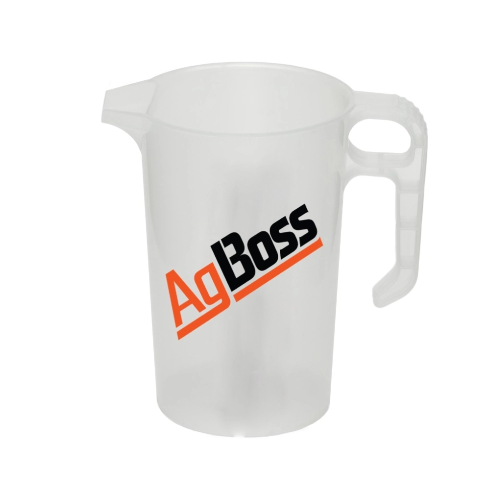 Clear measuring cup with 'AgBoss' logo on a white background