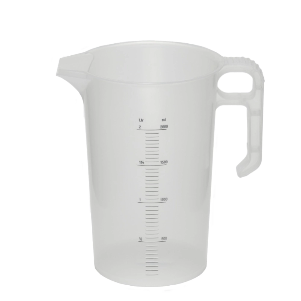 Clear measuring jug with measurement markings on a white background
