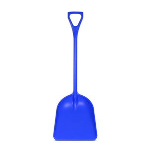 blue grain shovel with a long handle on a white background