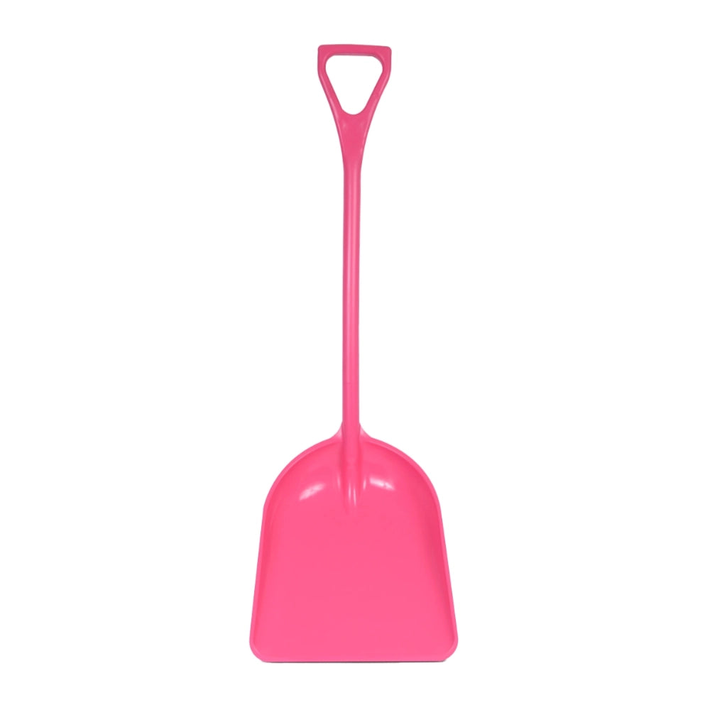 Pink grain shovel with a long handle on a white background