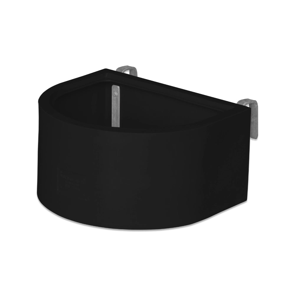 Black d-shaped animal feeder with metal brackets on a white background
