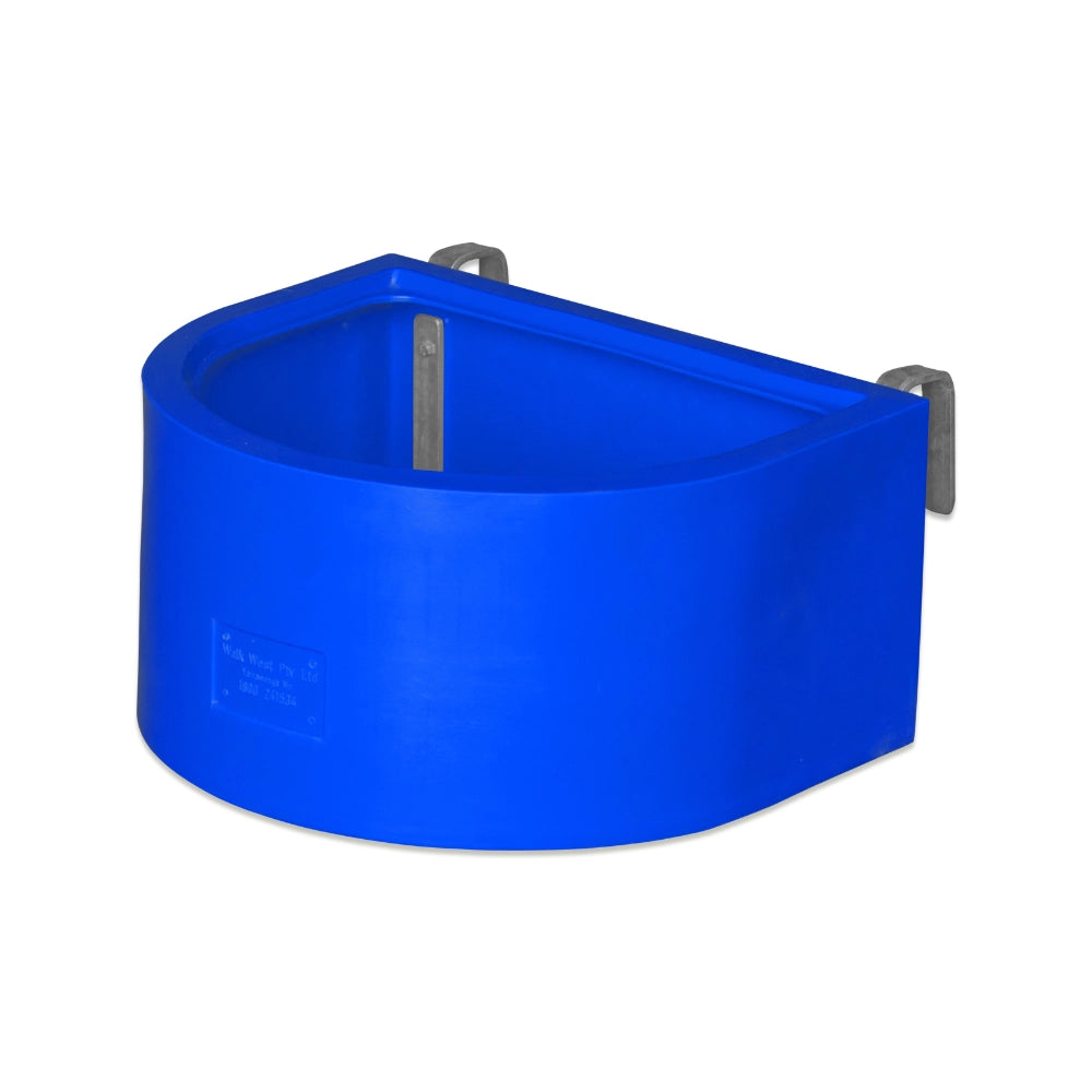 Blue d-shaped animal feeder with metal brackets on a white background