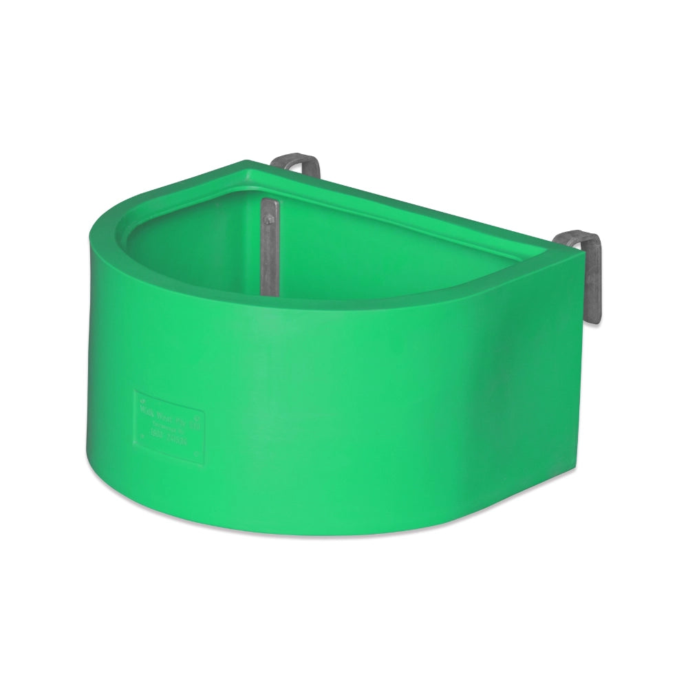 Green d-shaped animal feeder with metal brackets on a white background
