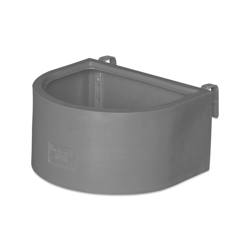 Grey d-shaped animal feeder with metal brackets on a white background