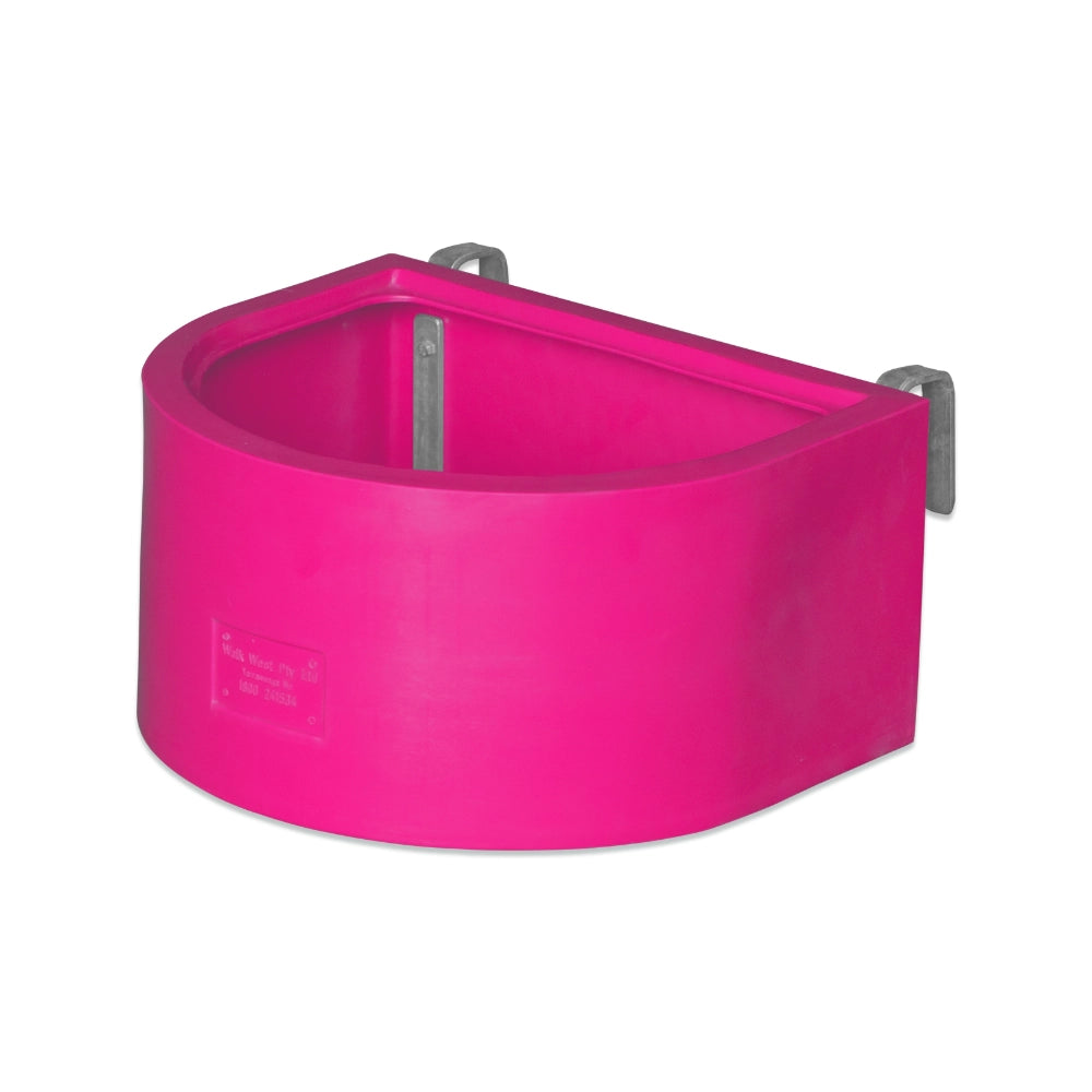 Hot Pink d-shaped animal feeder with metal brackets on a white background
