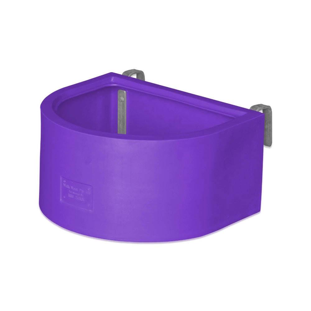 Purple d-shaped animal feeder with metal brackets on a white background