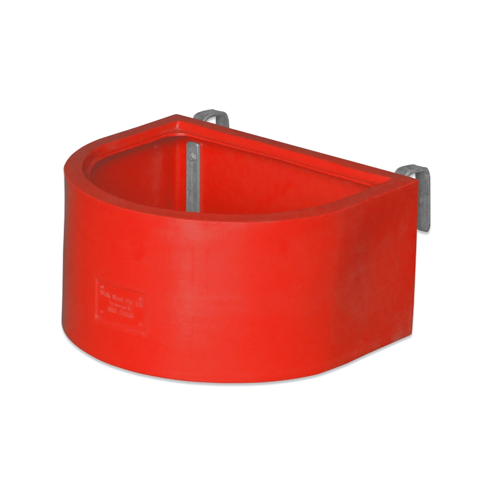 Red d-shaped animal feeder with metal brackets on a white background