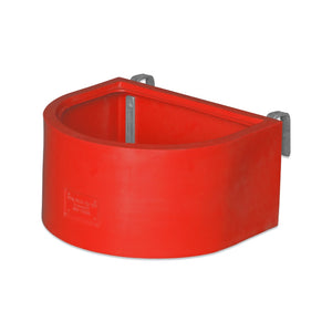 Red d-shaped animal feeder with metal brackets on a white background