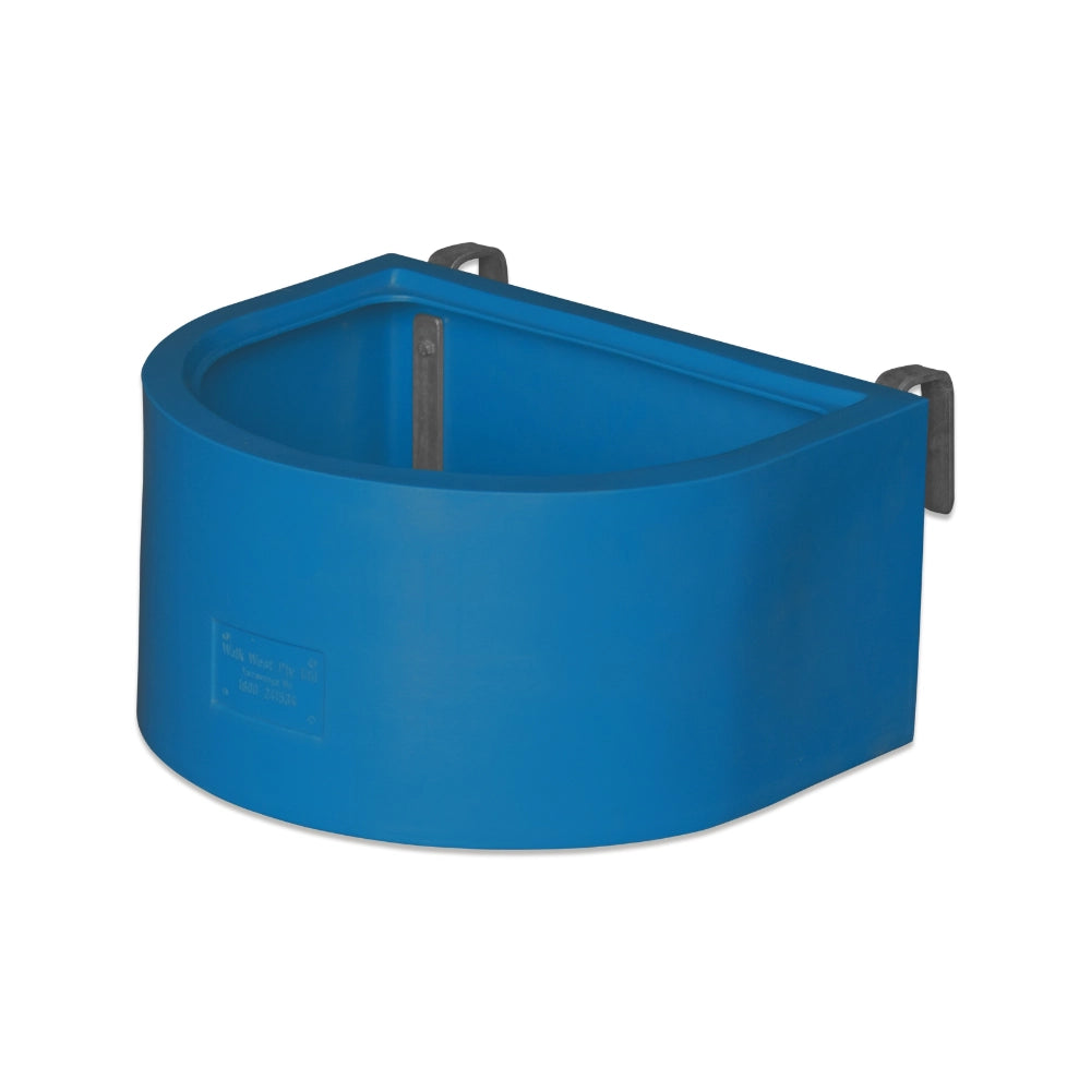 Teal d-shaped animal feeder with metal brackets on a white background
