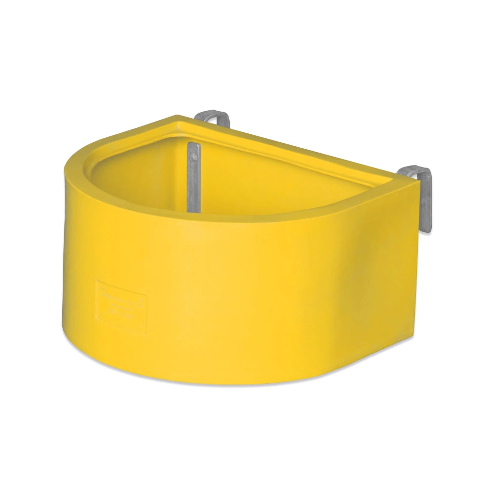 Yellow d-shaped animal feeder with metal brackets on a white background