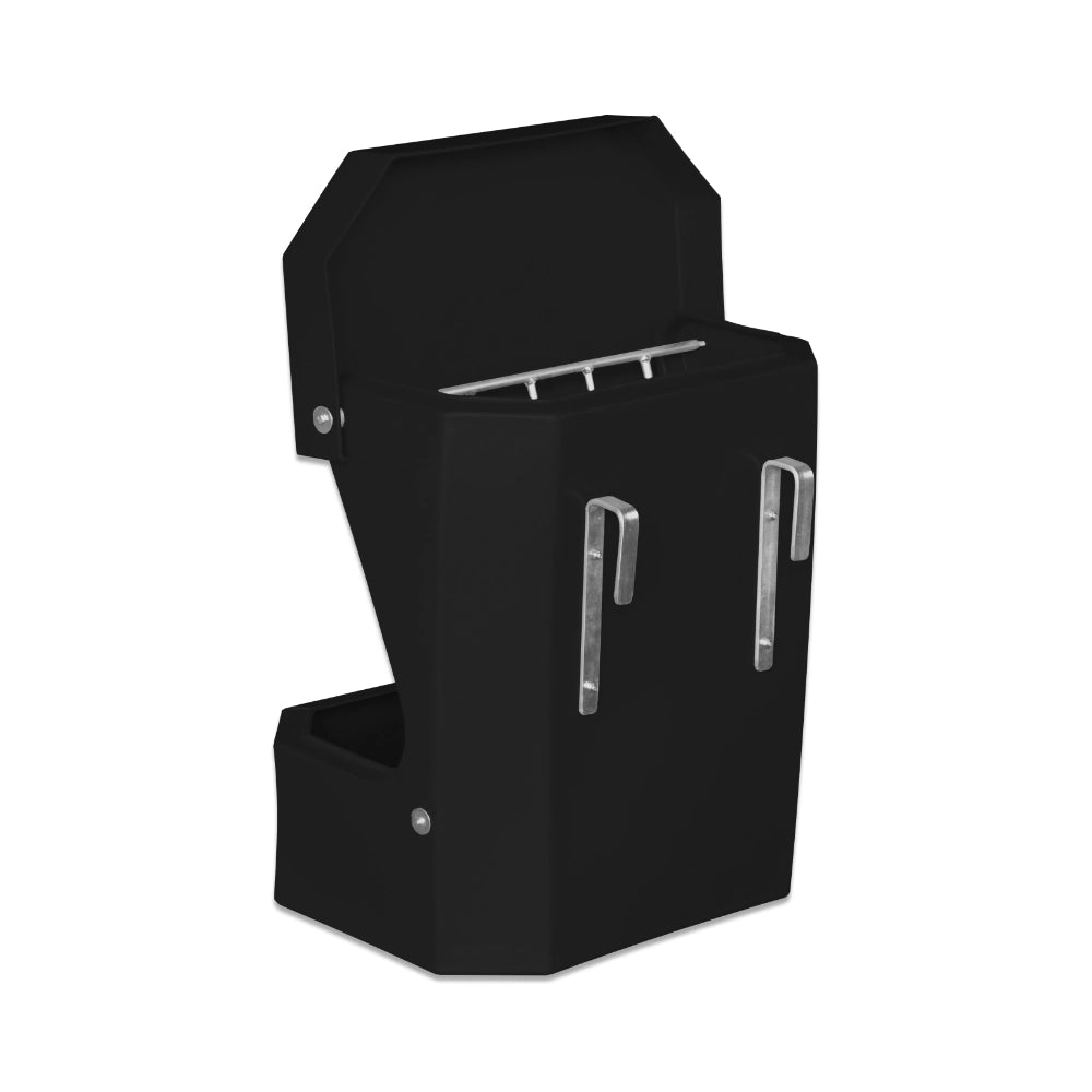 Black hay feeder with metallic accents on a white background