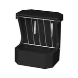 Black plastic horse feeder with metal rungs on a white background