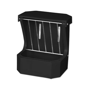 Black plastic horse feeder with metal rungs on a white background