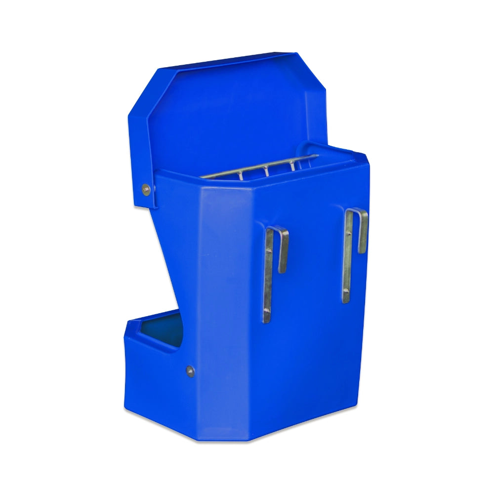 Blue horse hay feeder that's open top on a white background