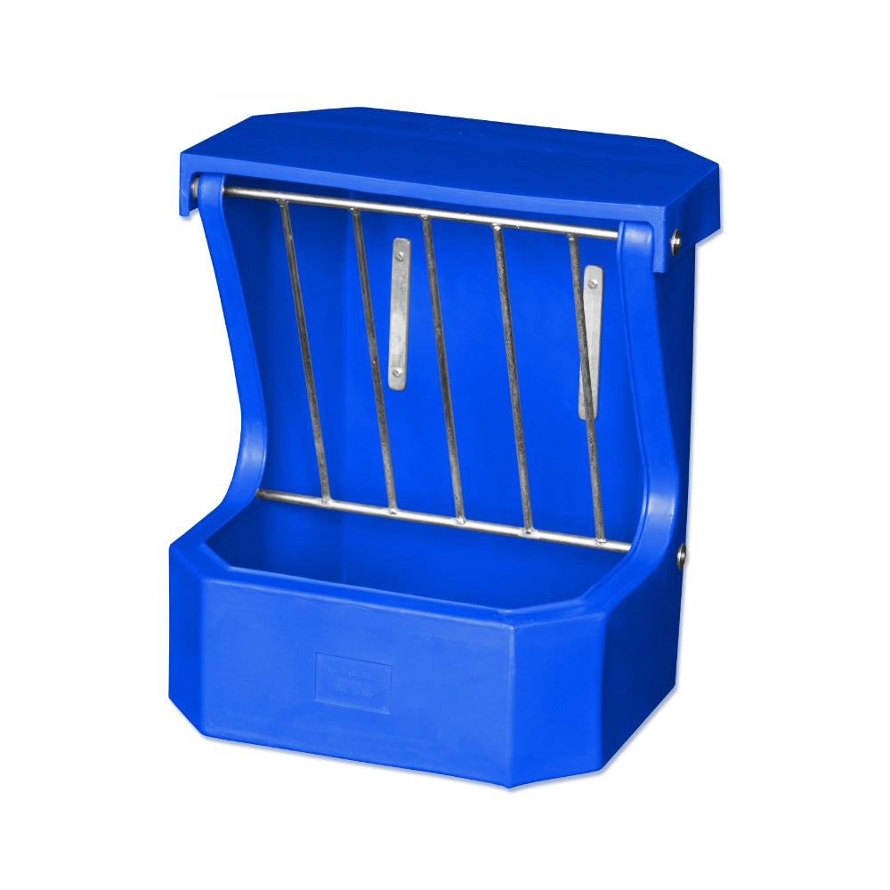 Blue plastic animal feeder on a white background
