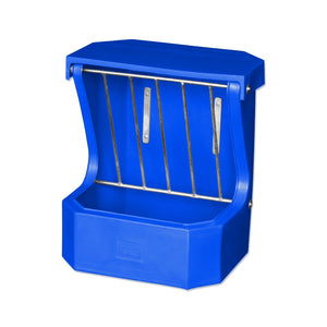 Blue plastic animal feeder on a white background
