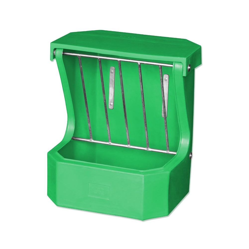 Green plastic animal feeder on a white background