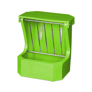 Lime green plastic horse feeder with metal rungs on a white background