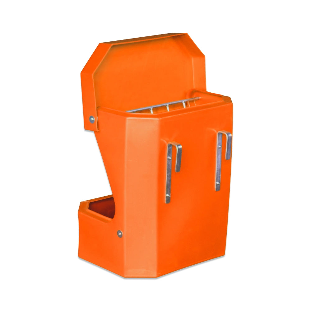 Orange horse hay feeder with open lid