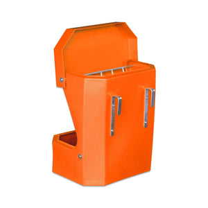Orange horse hay feeder with open lid