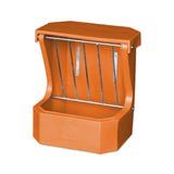 Orange plastic horse feeder with metal rungs on a white background
