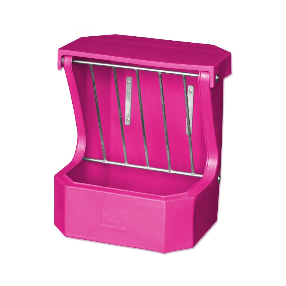 Pink plastic horse feeder with metal rungs on a white background