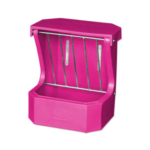Pink plastic horse feeder with metal rungs on a white background