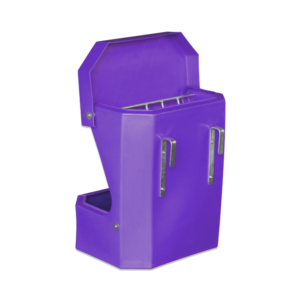 Purple pet feeder on a white background