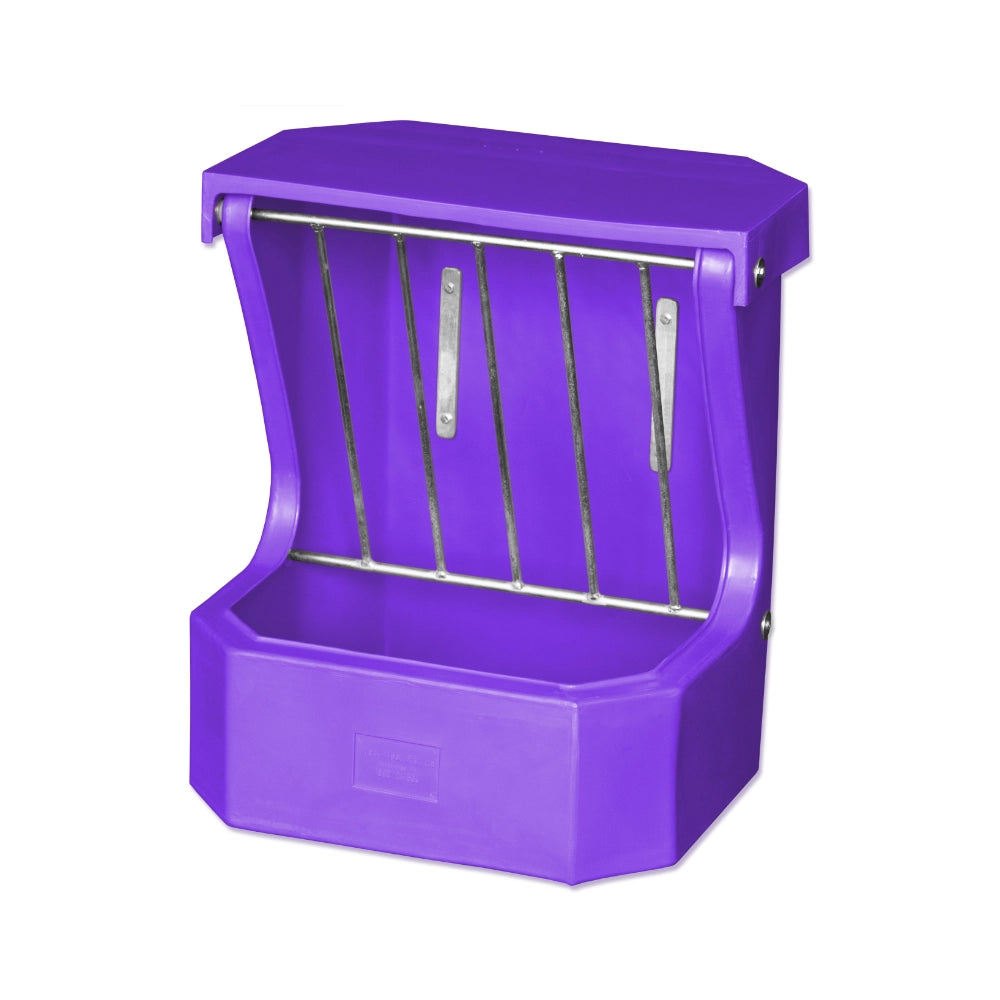 Purple plastic horse feeder with metal rungs on a white background