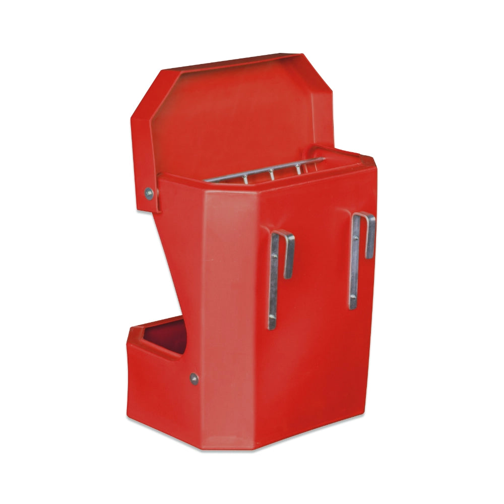 Red plastic horse hay feeder with an open lid with a white background