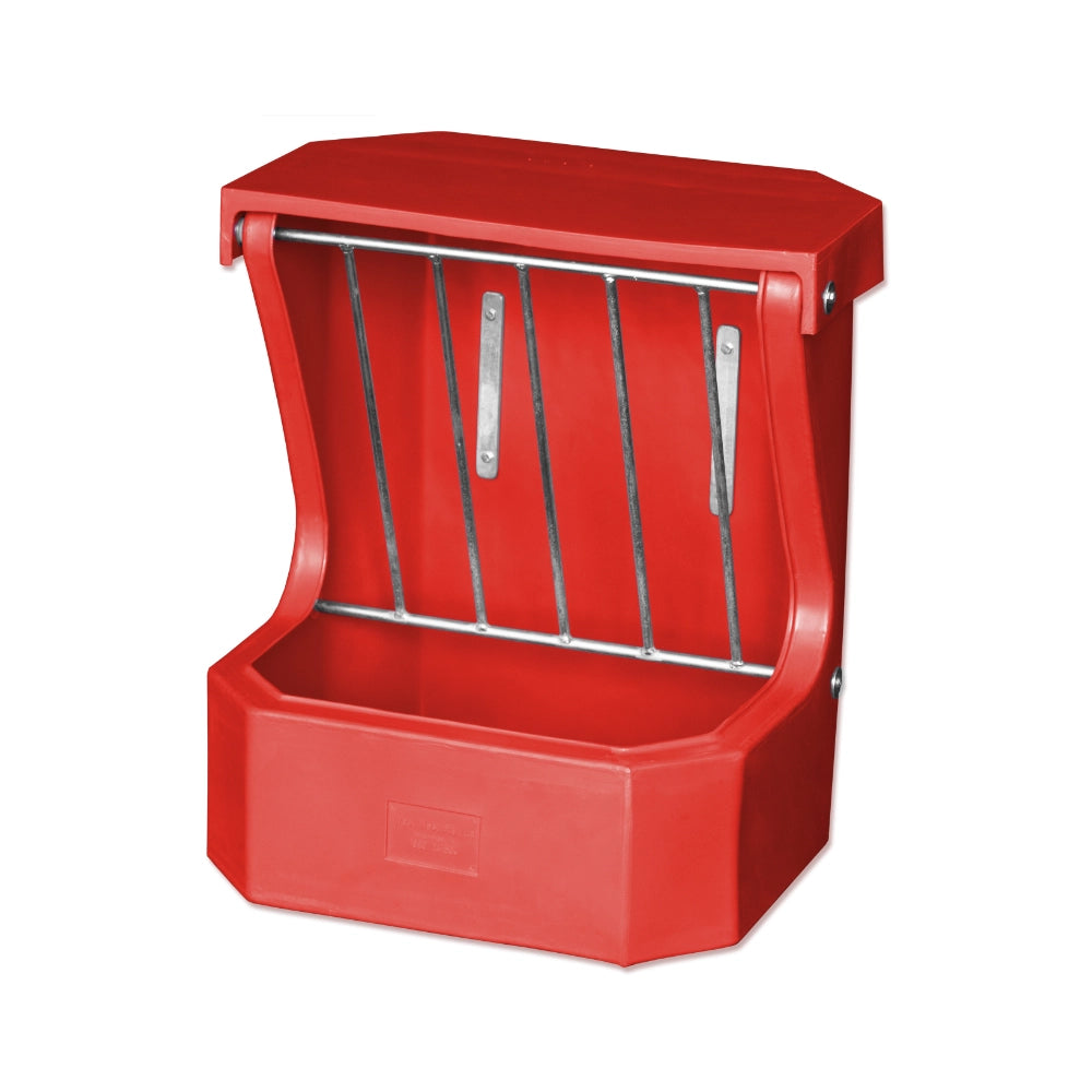 Red plastic horse feeder with metal rungs on a white background