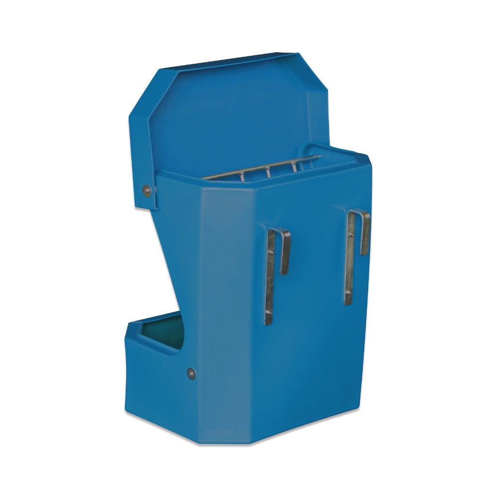 Teal plastic hay feeder with a lid on a white background