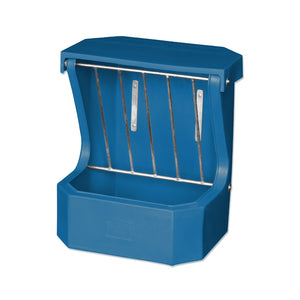 Teal plastic animal feeder with metal bars on a white background