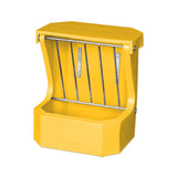 Yellow plastic horse feeder with metal rungs on a white background
