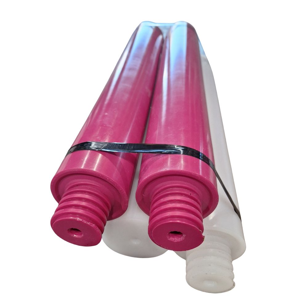 A pink and white plastic jump pole with a black band on a white background