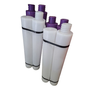 2 purple and white plastic Cavaletti Jump Poles on a white background