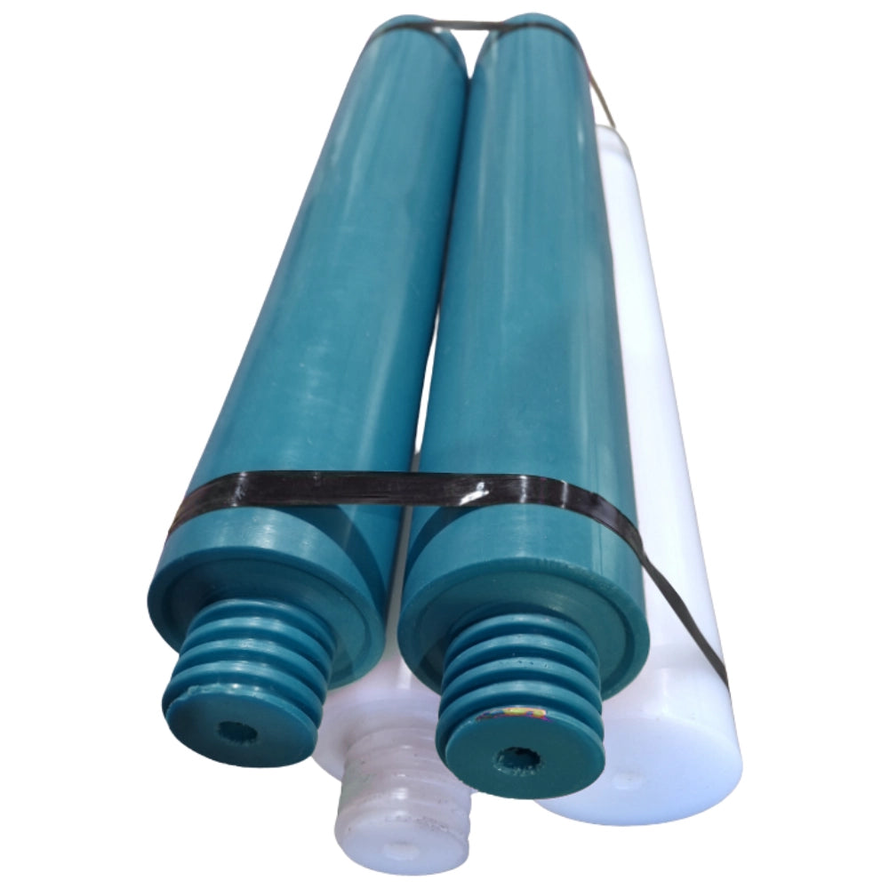 A teal and white plastic jump pole with a black band on a white background