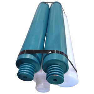 A teal and white plastic jump pole with a black band on a white background