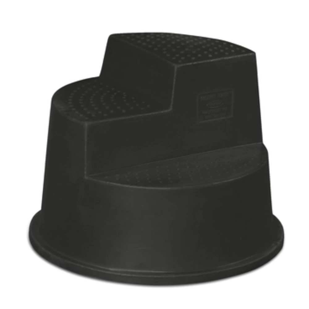 Black plastic step stool on a white background