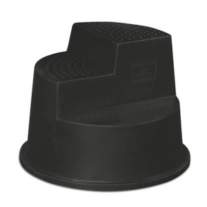 Black plastic step stool on a white background