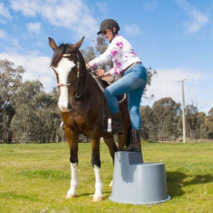 Person getting on a horse using a gray step stool in an outdoor setting