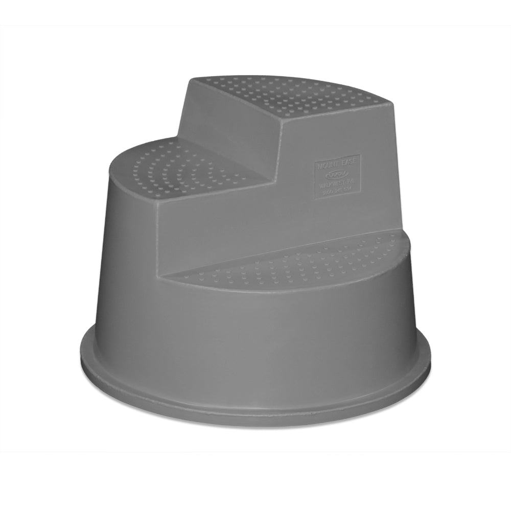Gray plastic step stool with textured surface on a white background