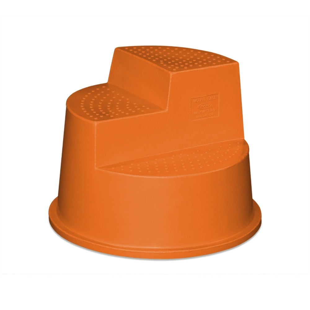 Orange plastic step stool with textured surface on a white background