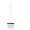 Garden rake with black metal head and orange handle on a white background