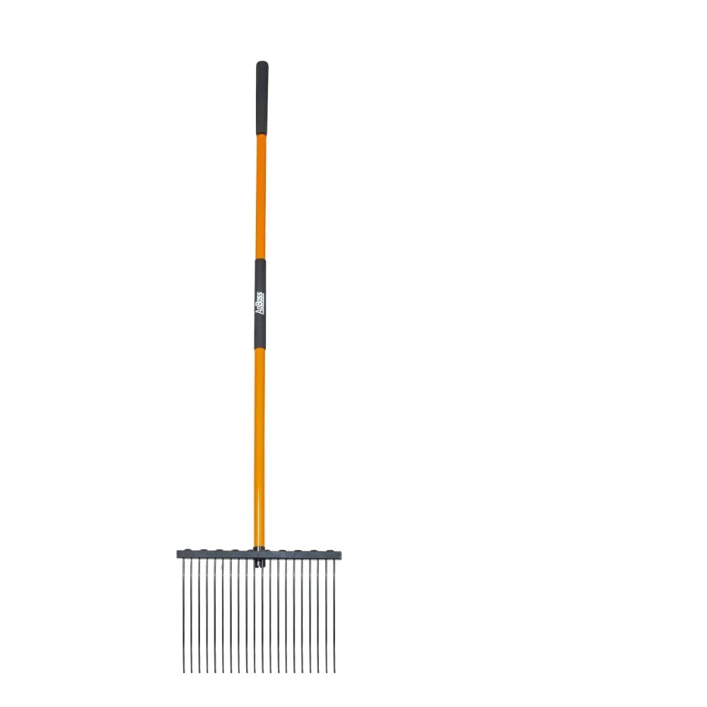 Garden rake with black metal head and orange handle on a white background