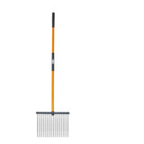 Garden rake with black metal head and orange handle on a white background