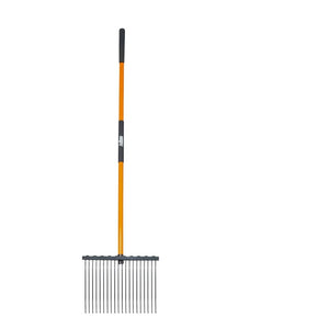 Garden rake with black metal head and orange handle on a white background
